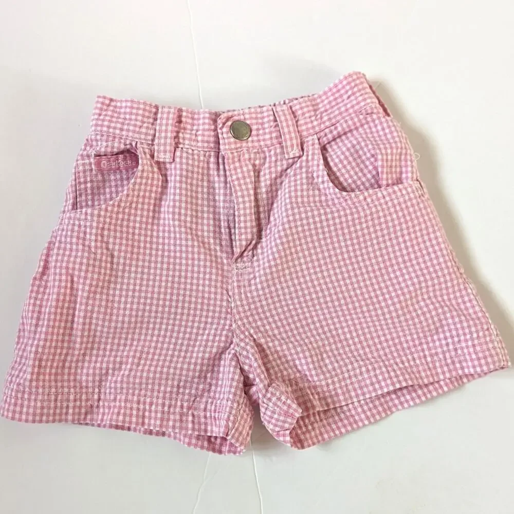 Vtg Oshkosh Shorts Girls Sz 18-24m Pink Gingham Denim 90s